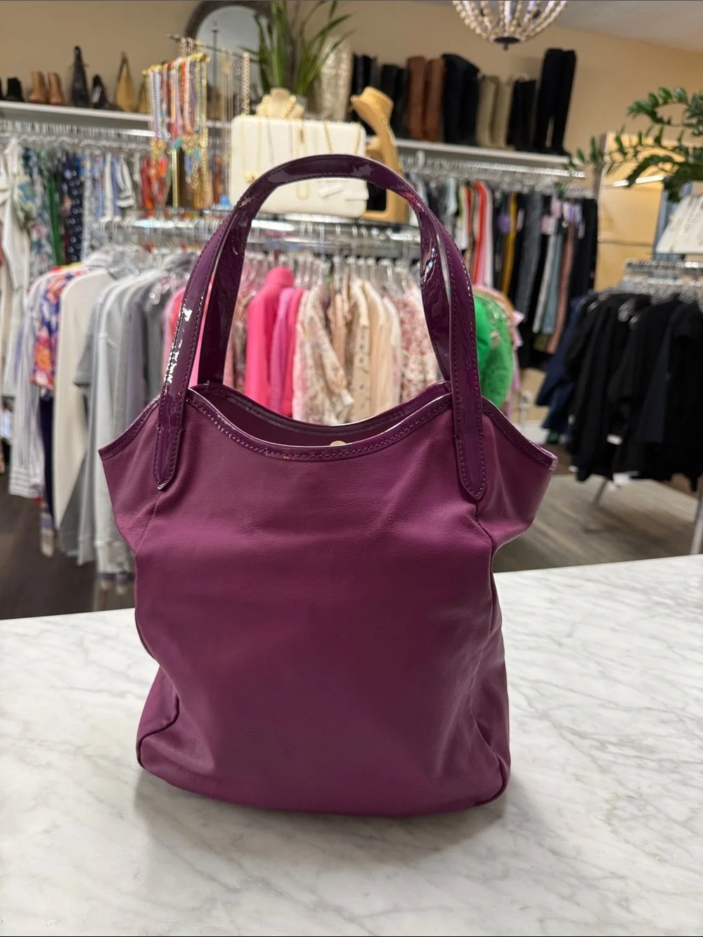 Tory Burch Fuchsia Pink Patent Leather Strap and Logo with Coated Canvas Tote